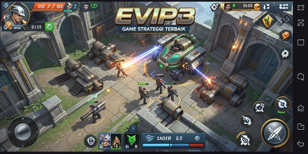 Screenshot utama EVIP3 menampilkan aksi strategi yang seru.