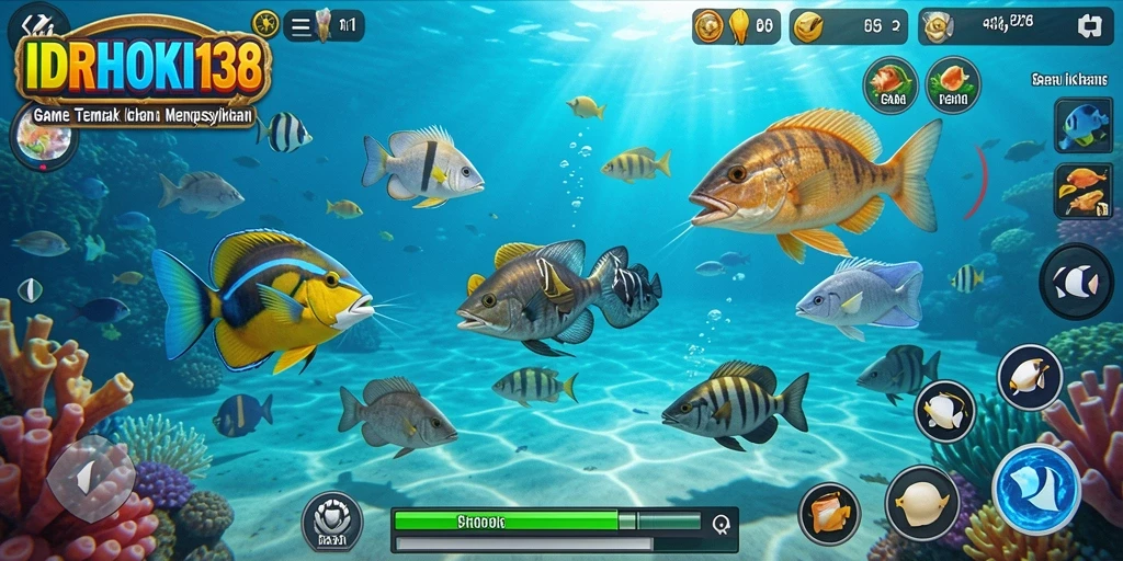 Tampilan gameplay seru di IDRHOKI138 dengan ikan berwarna-warni.