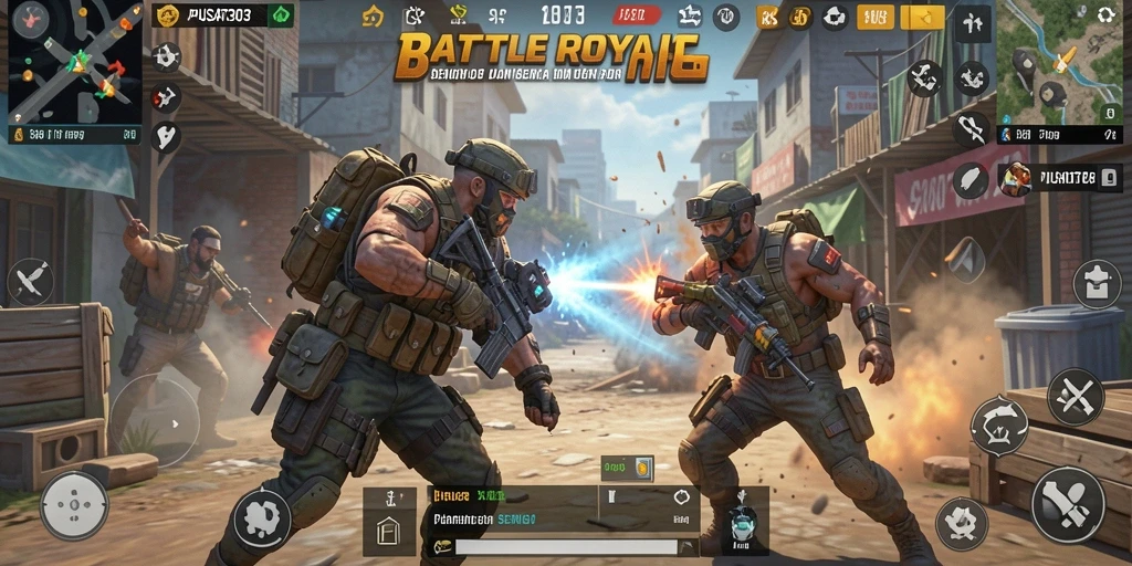 Tampilan gameplay PUSAT303 dengan aksi Battle Royale yang mendebarkan.