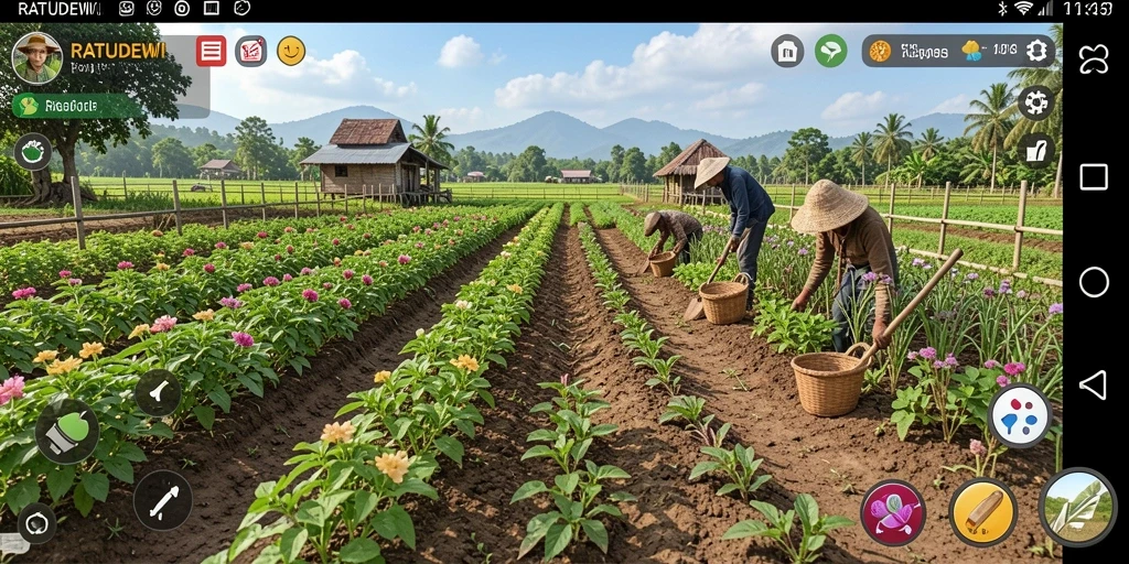 Screenshot gameplay RATUDEWI yang menunjukkan kegiatan bertani.