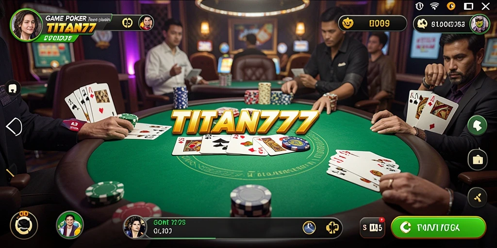 Screenshot gameplay utama TITAN777 menampilkan aksi poker yang mendebarkan.