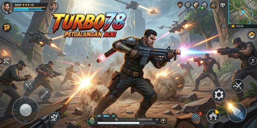 Tangkapan layar gameplay TURBO78 menampilkan aksi bertempo cepat.