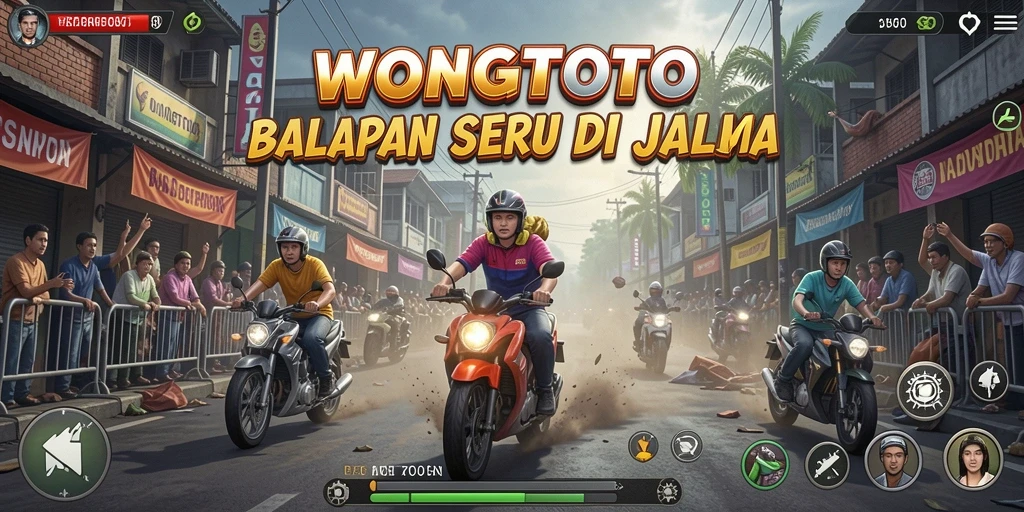 Tangkapan layar utama WONGTOTO menampilkan aksi balapan yang mendebarkan.